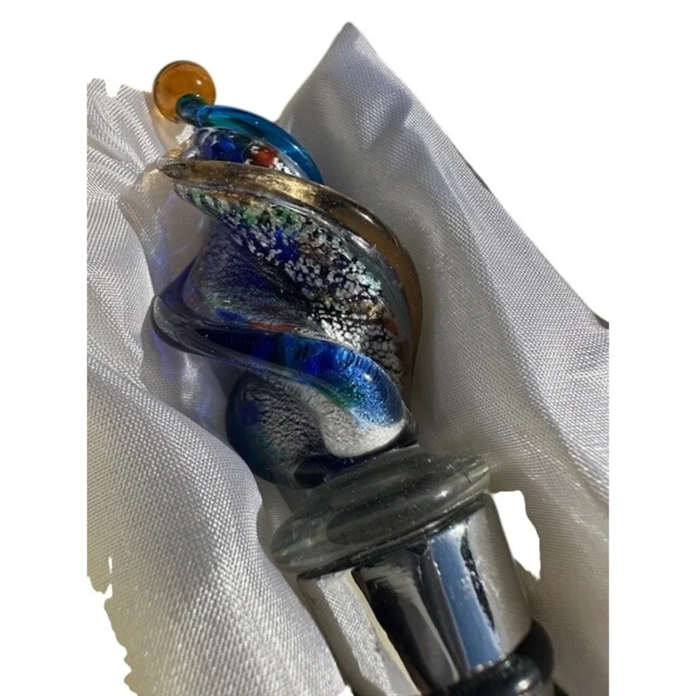Hand Blown Art Glass‎ Wine Bottle Stopper Blue Silver Swirl Chrome Base with Box